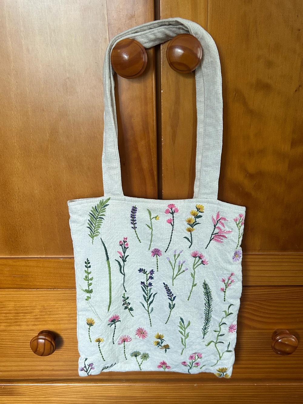 Floral Embroidered Canvas Tote Bag - Natural